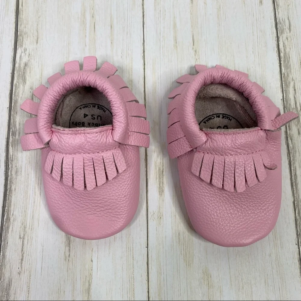 Birdrock Baby Pink Fringe Leather Moccasins